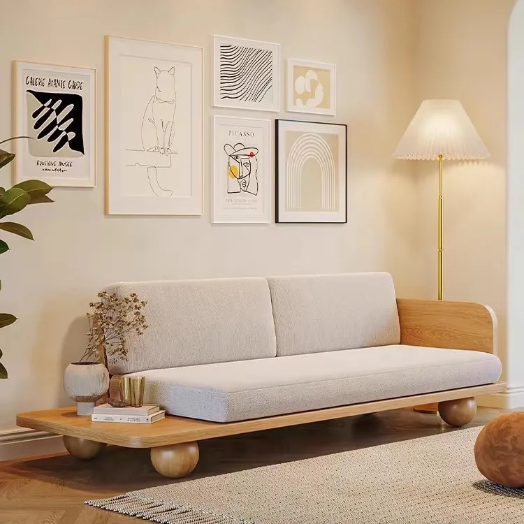 

Nordic Japanese-style solid wood sofa small apartment living room single and double three-person bed and breakfast club fabric l