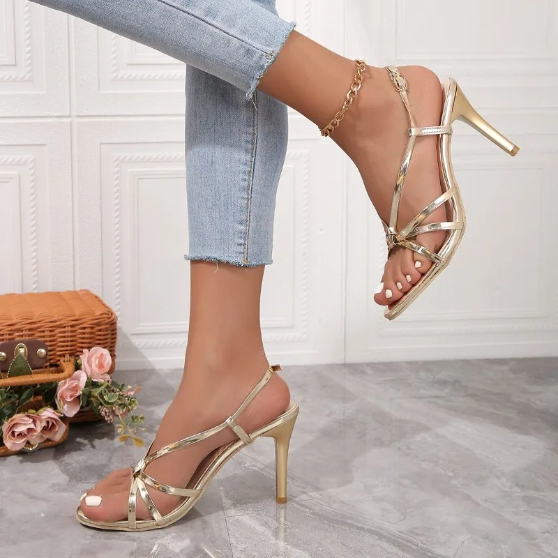 2024 Summer Fashion Solid Color Open Toe Super High Heel Women\'s Sandals Shiny One-line Buckle Strap Stiletto Women\'s High Heels