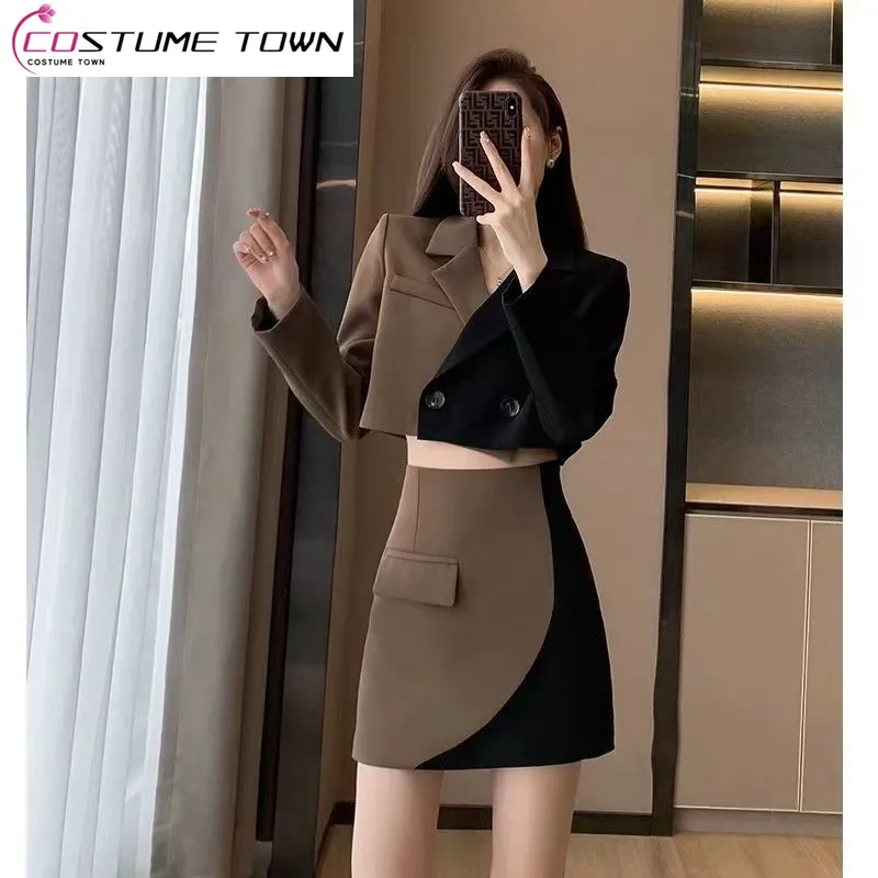 

Black and White Patchwork Short Jacket Blazer Mini Short Skirt Two-piece Elegant Women's Skirt Set Summer Office Outfits