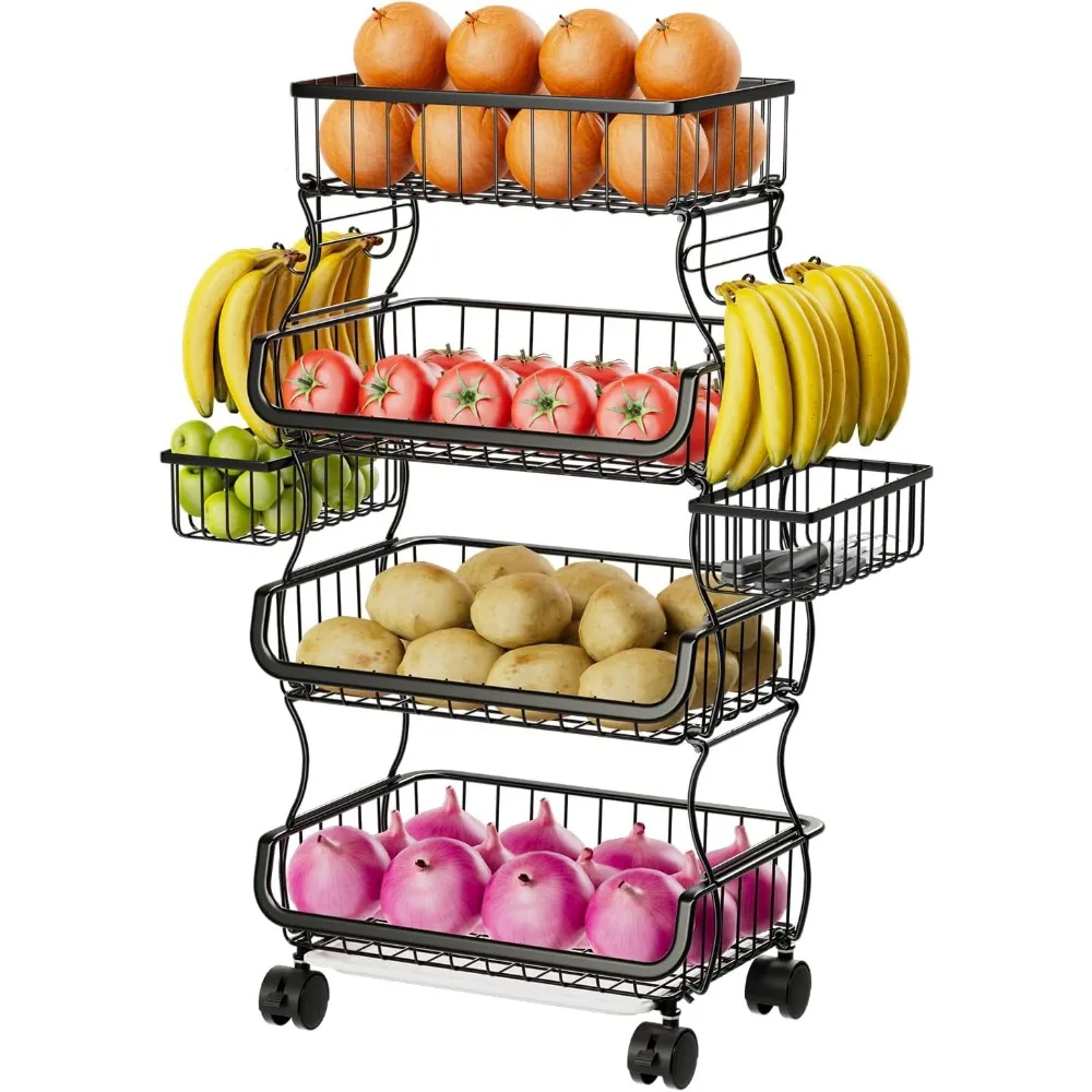 

4 Tier Rolling Cart, Stackable Fruit Vegetable Basket with Wheels and 2 Hanging Basket, Kitchen Storage Metal Wire Basket Stand