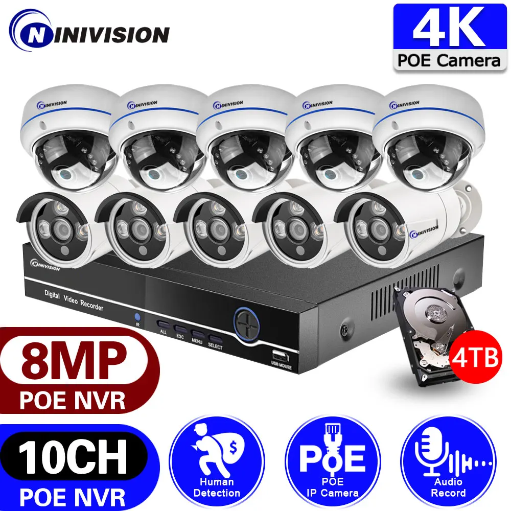 

10CH 8CH CCTV Camera Security System 8MP 4K Outdoor Waterproof Audio AI Motion Detection POE IP Camera Vedio Surveillance Kit