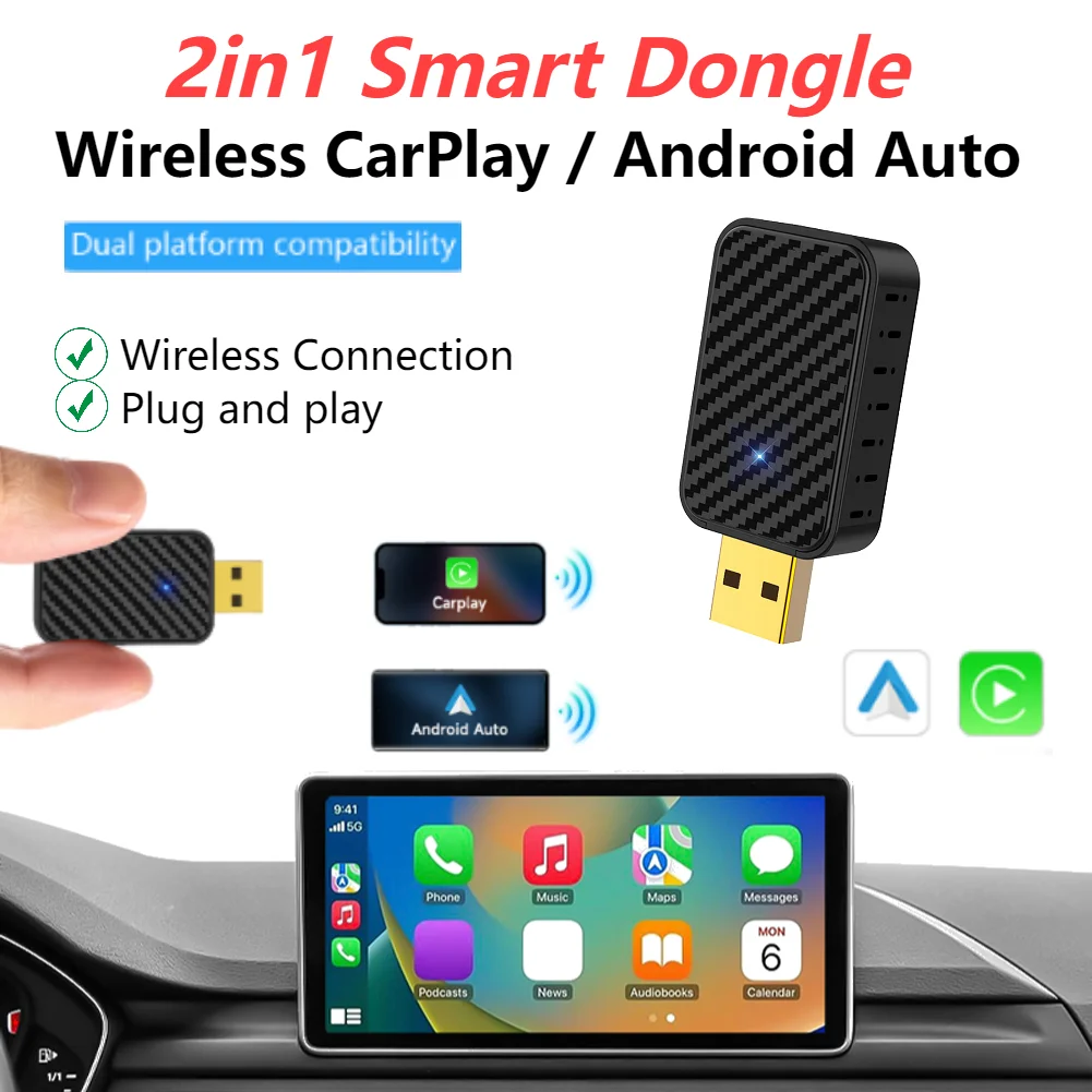 Wired To Wireless Carplay & Android Auto Mini Adapter Bluetooth-Compatible 5.0 Auto Connect for Wired CarPlay Android Auto Cars