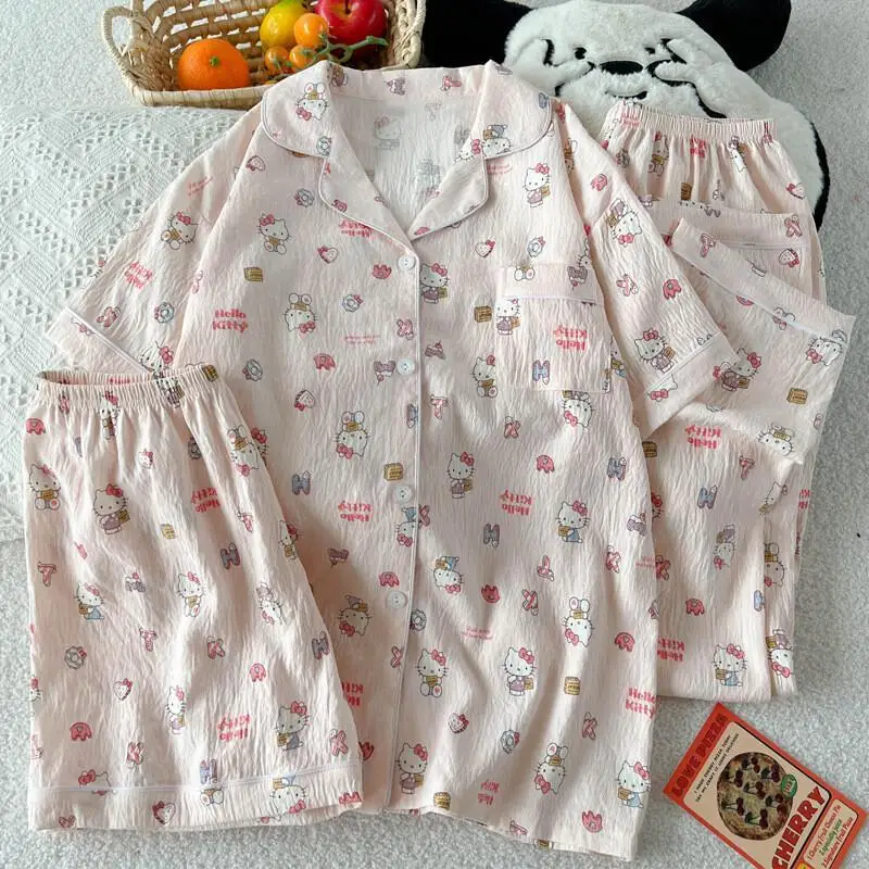 

Комплект пижам Sanrio Hello Kitty с героями мультфильмов, комплект домашней одежды, женская домашняя одежда, новая летняя повседневная одежда для сна с короткими рукавами в корейском стиле