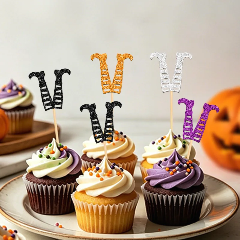 NUBECOM 24Pcs Glitter Witch Legs Cupcake Toppers Witch Feet Silhouette Cake Picks Fall Halloween Party Dessert Cake Toppers - view 2