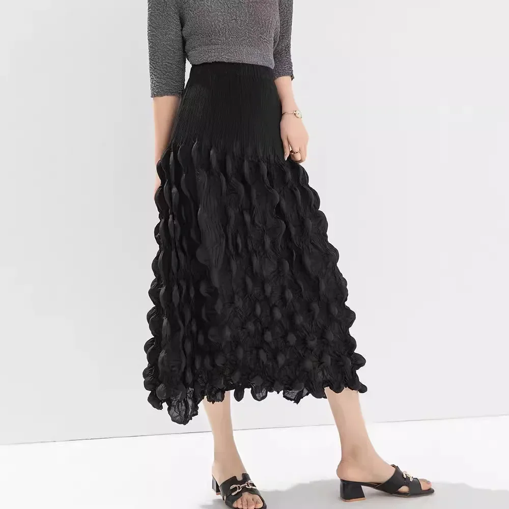 Pleated Half-body Skirt Female 2024 Fall New Temperament High-end Casual Versatile Handmade Bubble Pleated Medium-length Skirt