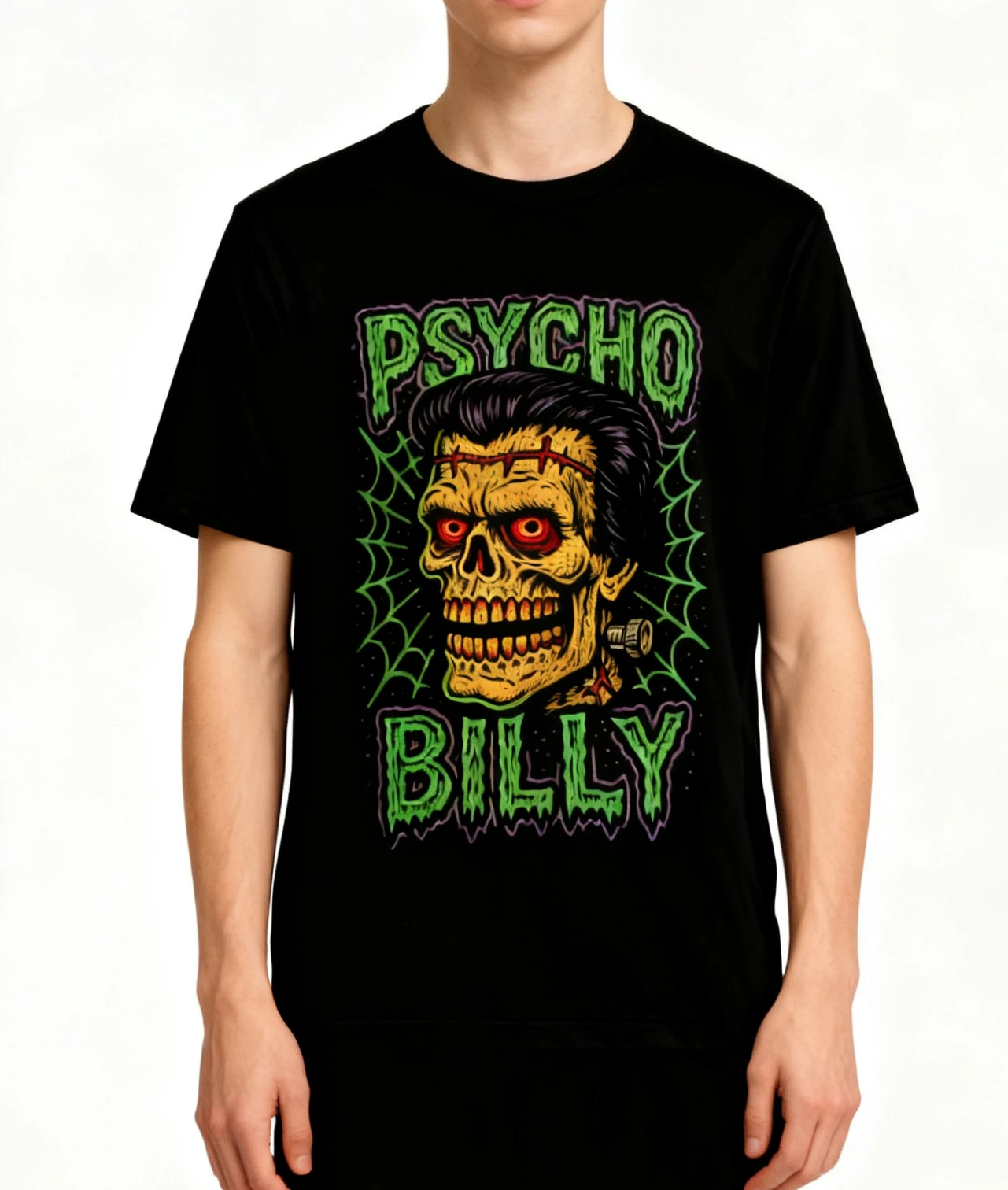 

Vintage Psycho Billy Skull T-Shirt Gothic Streetwear Top for Horror&Punk Fans 100% Cotton Round Neck Short Sleeve Unisex Tee