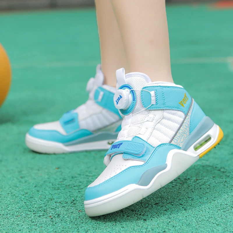 New Children Shoes Air Cushioning Rotating Buckle Sports Shoes Outdoor Leather Shock-Absorbing Basketball Sneakers Running Shoes