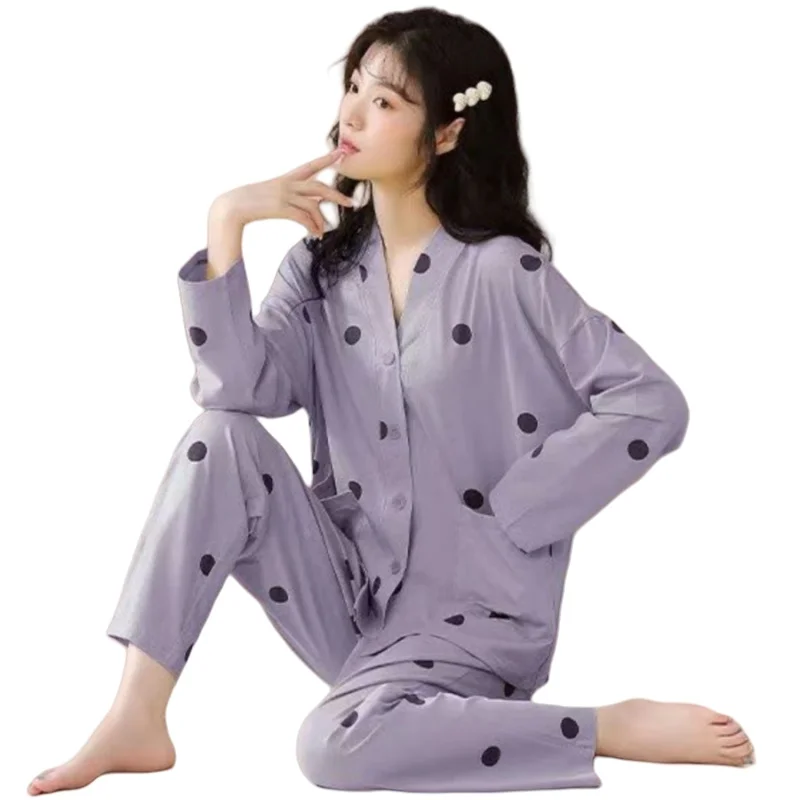 Cotton Sleepwear Dot Printed Pajamas Suit V-neck Cardigan Coat and Pants Two Piece Set Casual Home Clothes for Women in Autumn