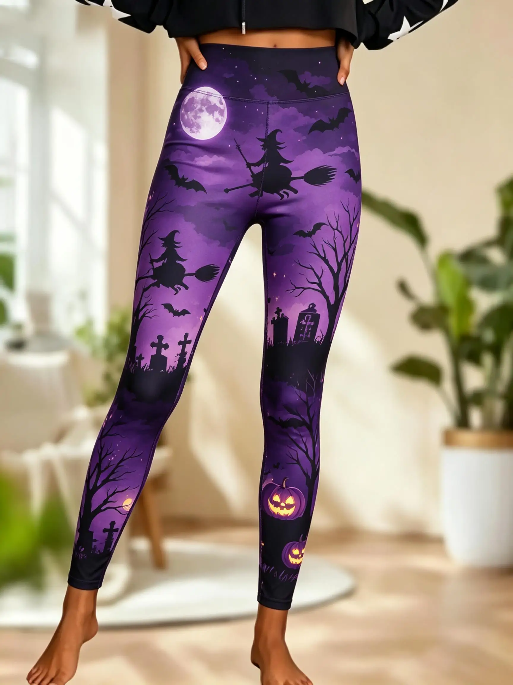 Women Halloween Fleece Mid‑Rise Leggings Witch Full Moon Tombstone Pumpkin Bat Print Stretch Slim Pants - view 4