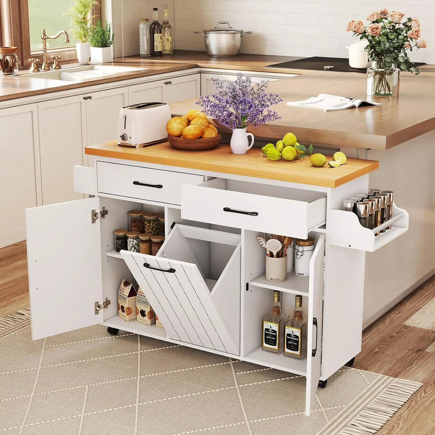 White Rolling Kitchen Island Cart with Trash Cabinet & 2 Drawers, Customized