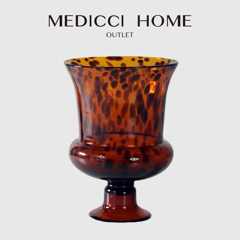 

Medicci Home Amber And Black Leopard Hurricane Hand Blown Glass Vase Retro Aesthetic Luxury Highfoot Flower Vase For Hotel Villa