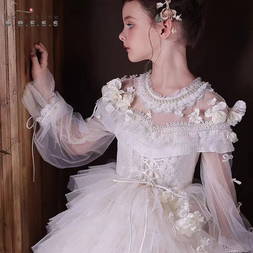 BABYONLIN Customized Communion Ceremony Flower Girl Dress O-neck Long Sleeve Tiered Tulle A-line Skirt Floral Cute Boho Gown