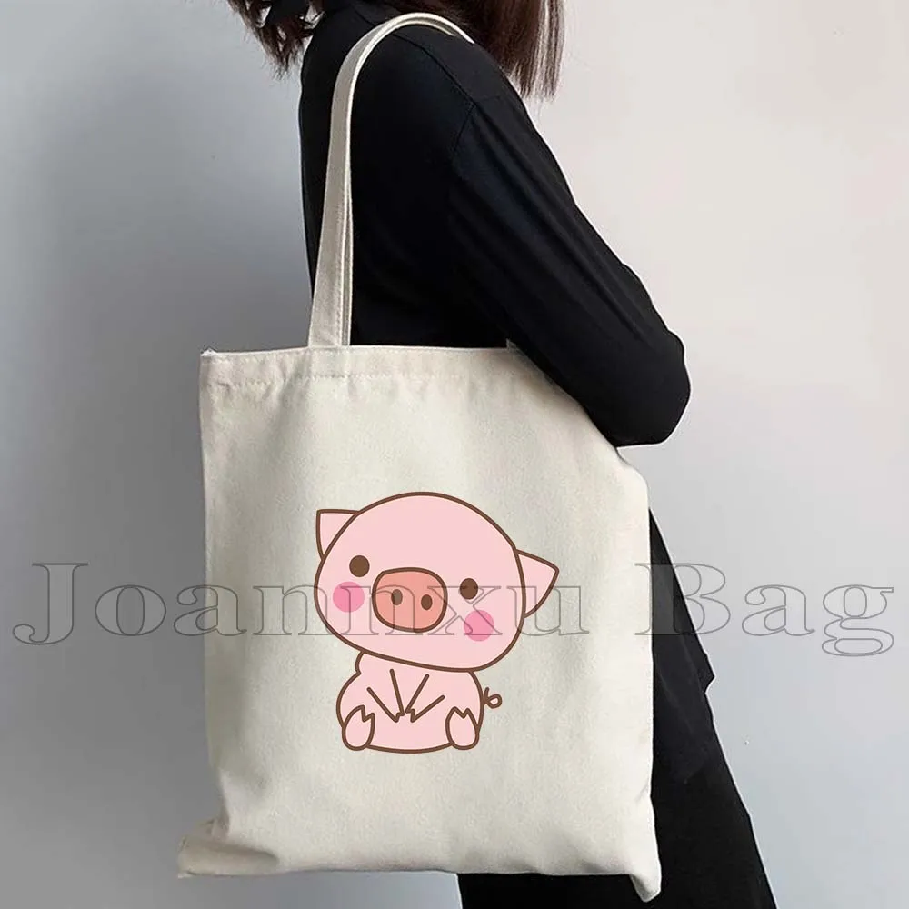 Kawaii Heart Pink Pig beruang lucu hewan yang indah kartun wanita kanvas bahu tas jinjing Harajuku pembelanja tas tangan katun dapat digunakan kembali
