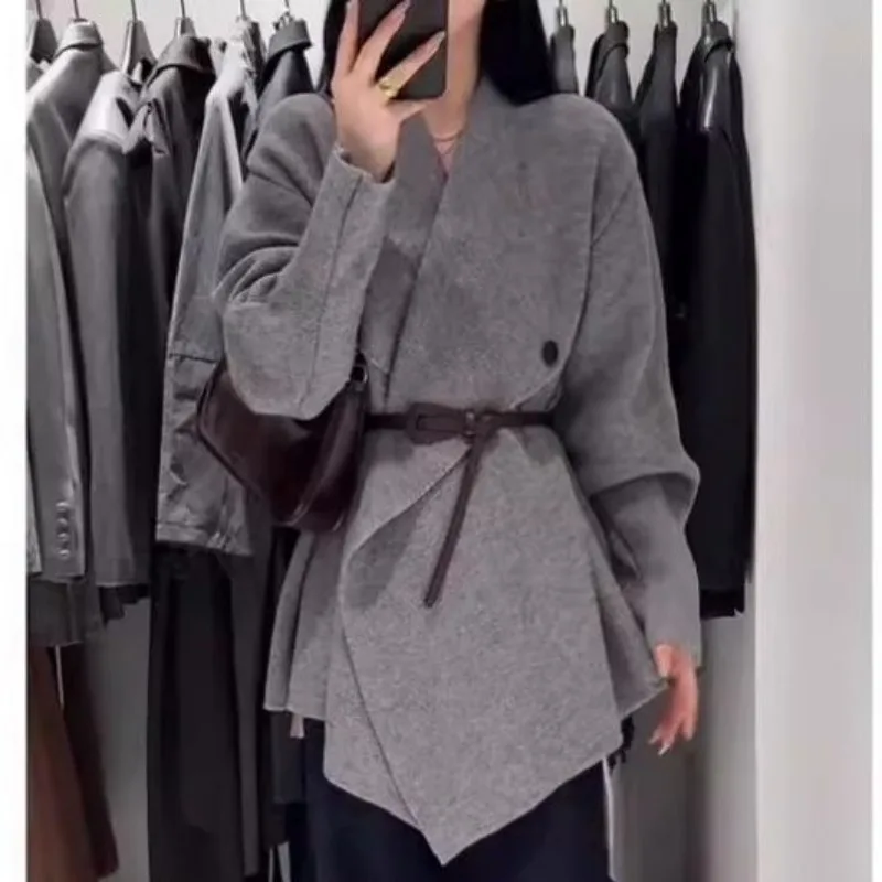 المرأة الخريف الشتاء الفرنسية رشيقة بدوره إلى أسفل طوق سترة سترة سيدة الموضة معطف أسود متماسكة مع حزام الخصر سترات جديدة #4