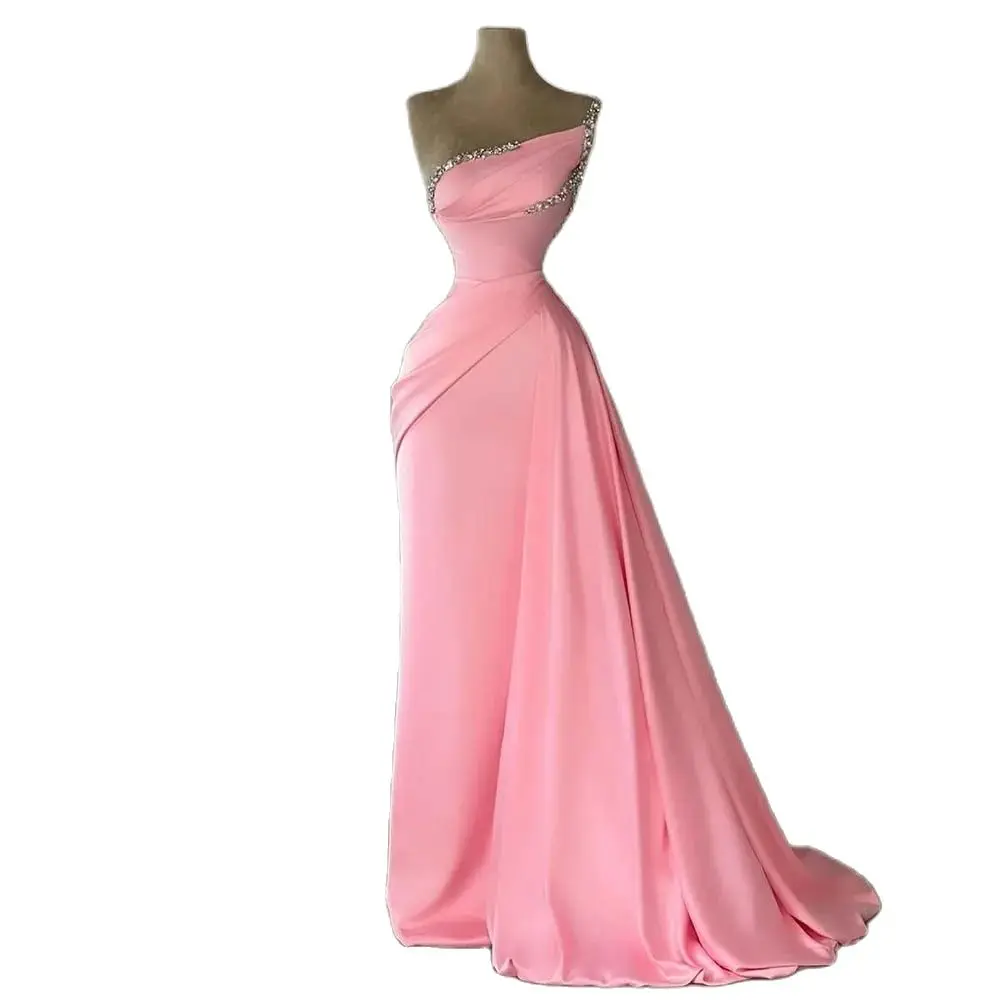 Special Occasion Pink Prom Dresses Sleeveless Crystal Pleat Sweep Train Gowns Formal Evening Dress for Elegant Women 2024