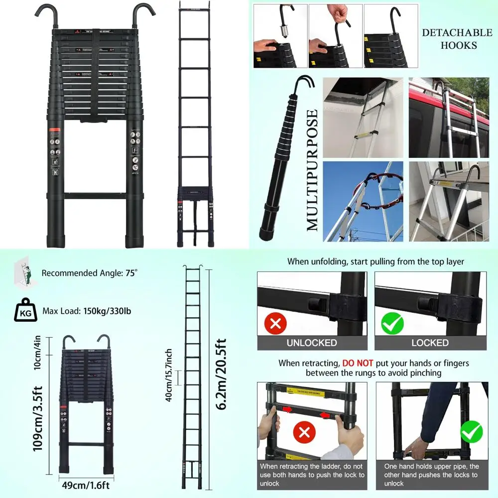 Scala telescopica in alluminio - Prolunga da 20,5 piedi, Pieghevole portatile, Multiuso per Lofts e Attiche