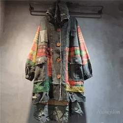 Vintage Plaid Splicing Denim Hooded Jacket Women's Spring and Autumn Loose Large Size Long Irregular Windbreaker Coat