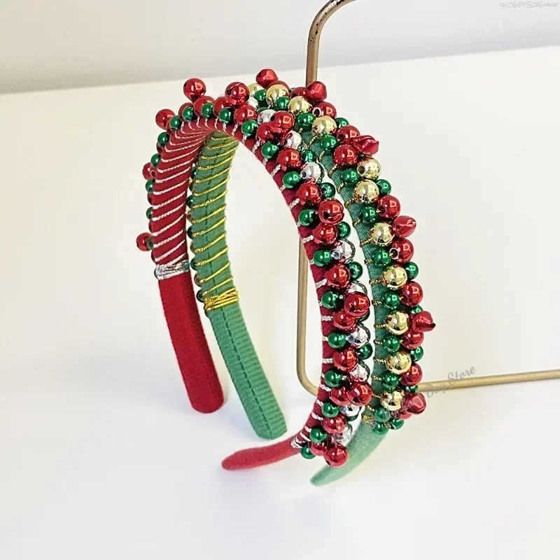 New Red Green Christmas Headband Women's Simple Thin Edges Flannel Jingling Bell Beaded Winding Holiday Hair Accessories