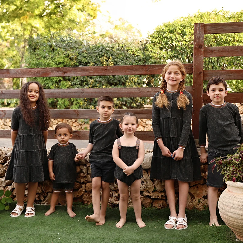 AA-SS26 Children Clothes Black Ribbed Denim Washing Sibling Matching Dress Shirt Baby Set Colorful Edges Boys and Girls Clothes