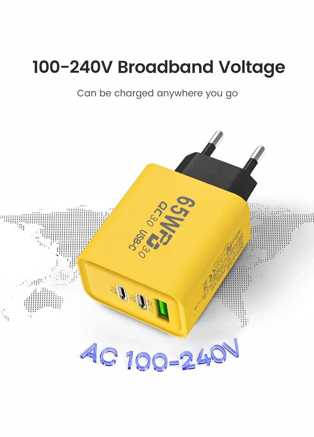 PD 65W USB C Charger 3 Ports Fast Charging Type C Charger Phone Adapter for Iphone 15 14 13 12 Xiaomi Huawei Samsung Redmi - náhled 5