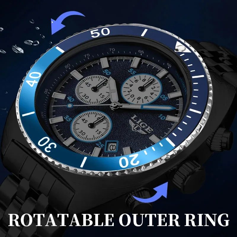 LIGE Men Watch Brand Stainless Steel Watches for Men Business Casual Sport Date Waterproof Quartz Chronograph Relogios Masculino