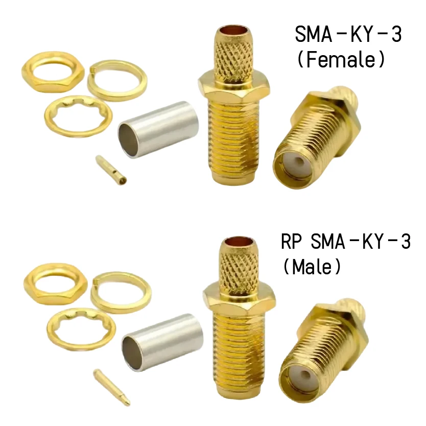 

SMA-KY-3 Женский разъем, прямой разъем, позолоченный RP-SMA-KY-3, обжимной адаптер для кабеля RG58 RG142 SYV50-3