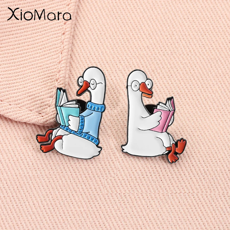 Silly Goose Reading Books Enamel Pins Cartoon Cute Bookish Duck Bookworm Animal Brooches Lapel Badge Jewelry Gifts for Friends