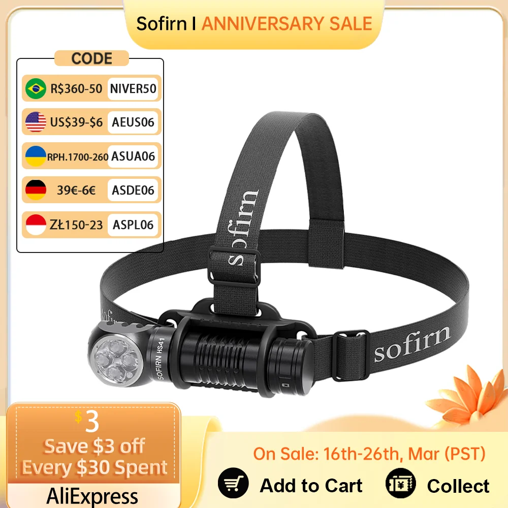 SOFIRN HS41 Headlamp 4000lm 21700 USB C Rechargeable with SST20 LED Torch Indicator with Magnetic Tail Flashlight