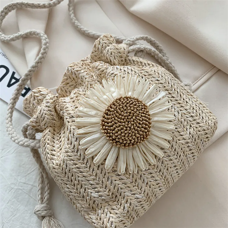 Women\'s Bag Summer Beach Straw Bags Classic Texture Sunflower Drawstring Woven Bucket Crossbody Shoulder Messenger