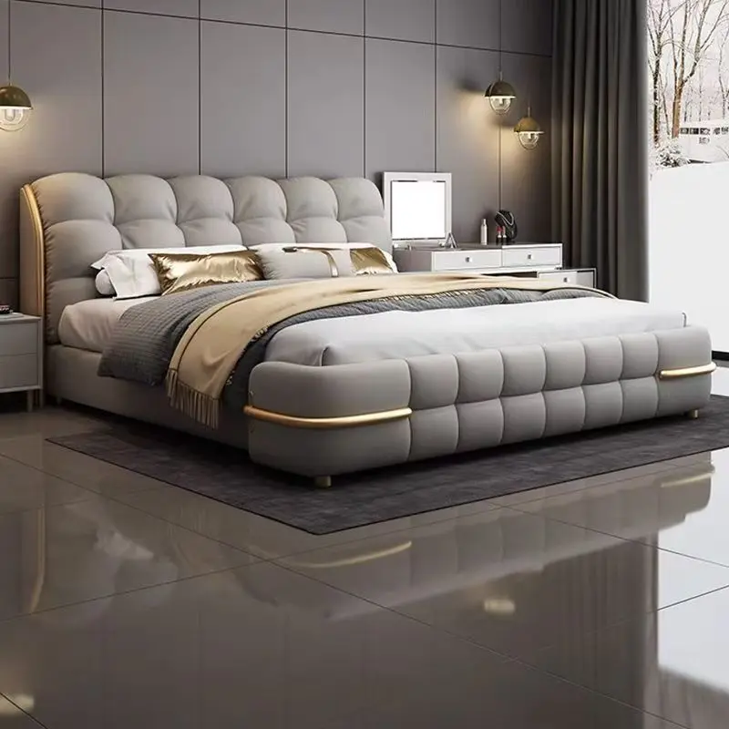 Cama de Cuero Popular 2025 con Suspensión Ligera, Cama Multifuncional para el Hogar, Ajustable con Almacenamiento y Elevación, Cama Doble King-size