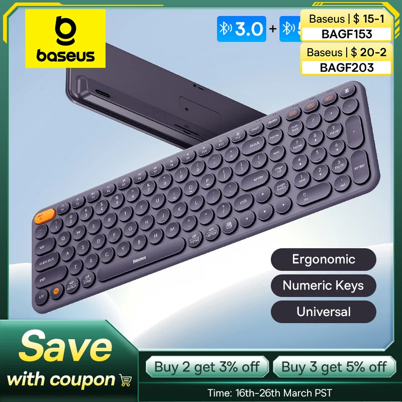 Baseus Wireless Keyboard Bluetooth 5.0 3.0 2.4G USB 3 Mode Multi Devices Connection for iOS/Mac/Windows Ergonomic Quite Keyboard