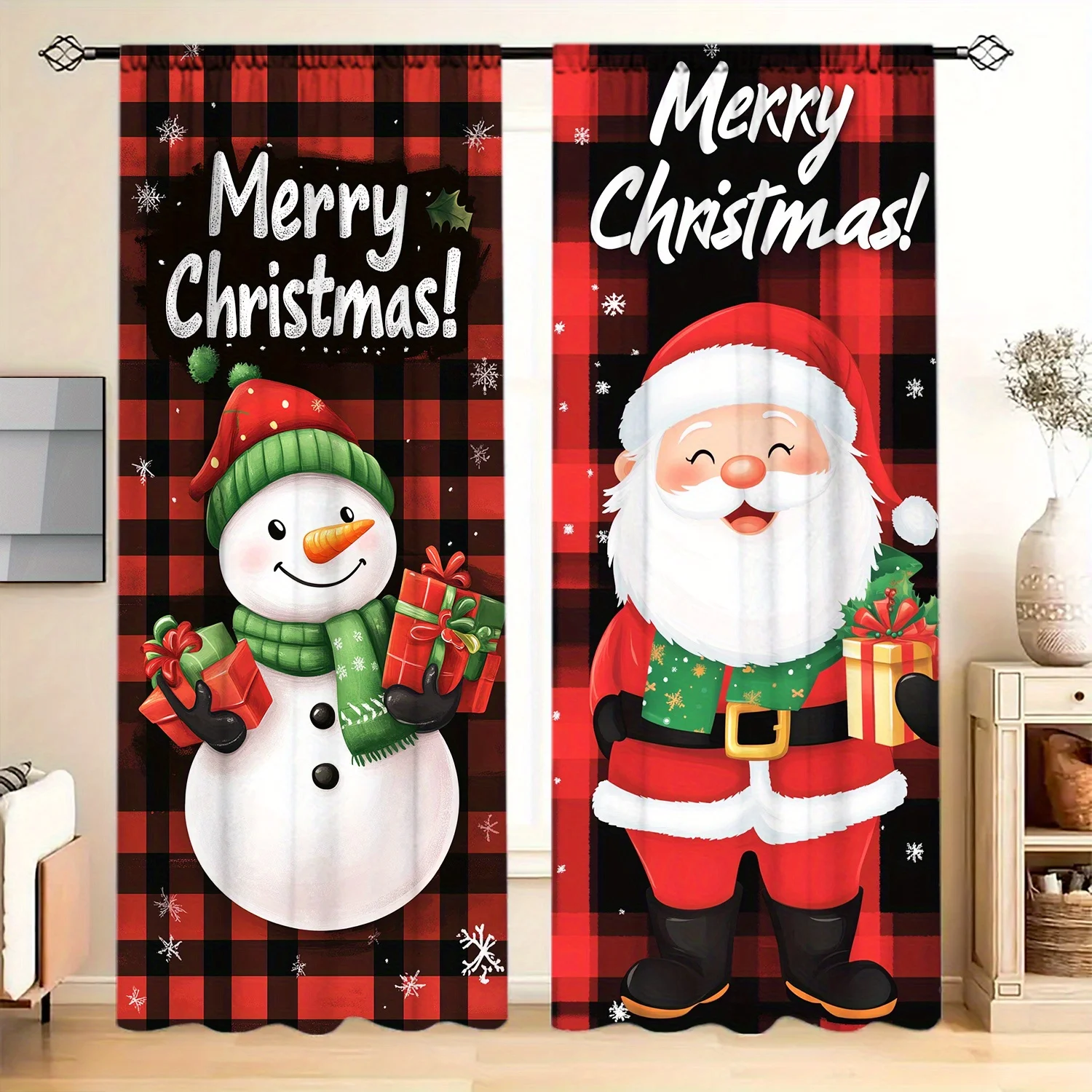 Merry Christmas Santa Snowman Curtain, Red Plaid Holiday Window Drape, Festive Xmas Decor, Cartoon Winter Scene, Home Textile