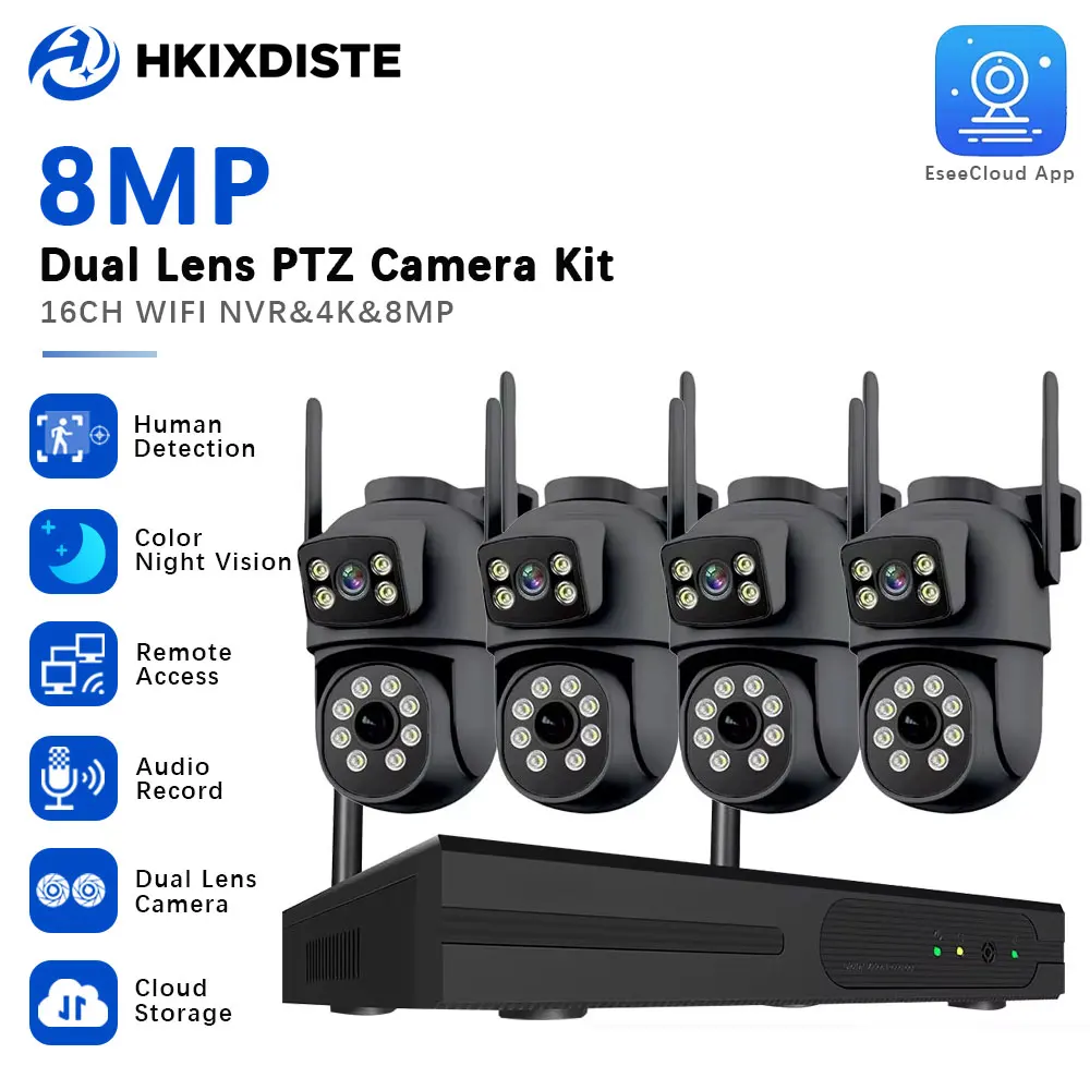 CCTV 5MP 16CH Wireless EseeCloud NVR Security System 8MP Dual Lens PTZ Camera Two Way Audio Auto Tracking Two-Way Audio CCTV Kit
