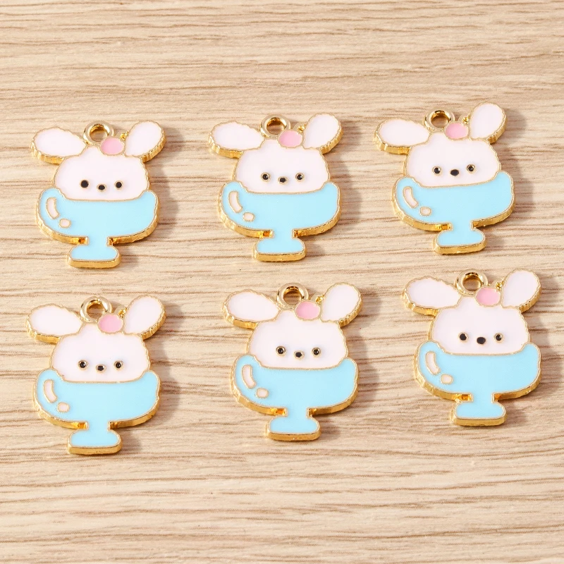 10pcs 17x21mm Cartoon Animal Rabbit Charms Enamel Cup Charms Pendants for Jewelry Making Earrings Necklace DIY Crafts Supplies