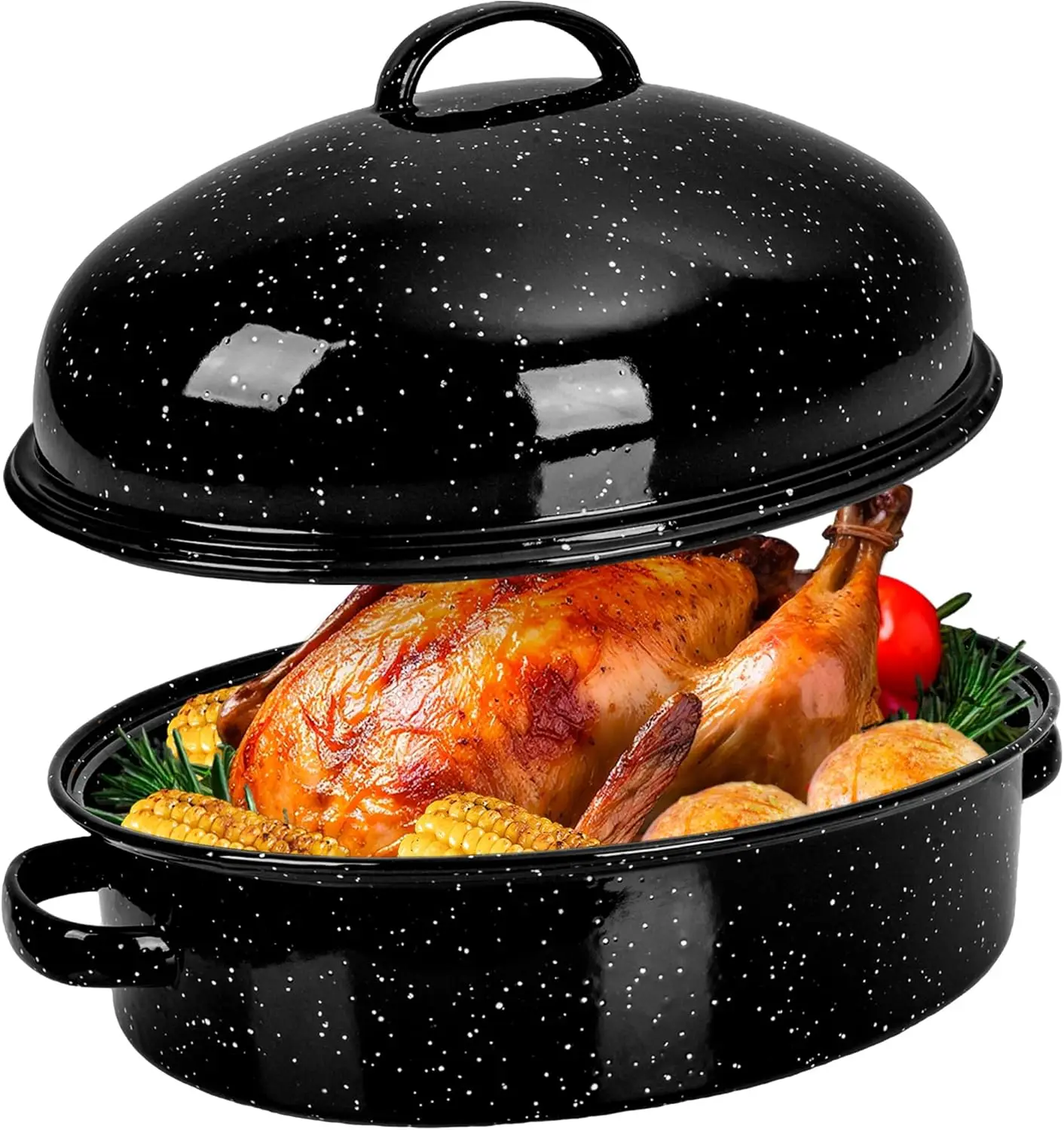 

18 Inch Oval Roasting Pan with Lid & Rack, Non-Stick Enamel Carbon Steel for Turkey Chicken Ham Steak, Safe Gift