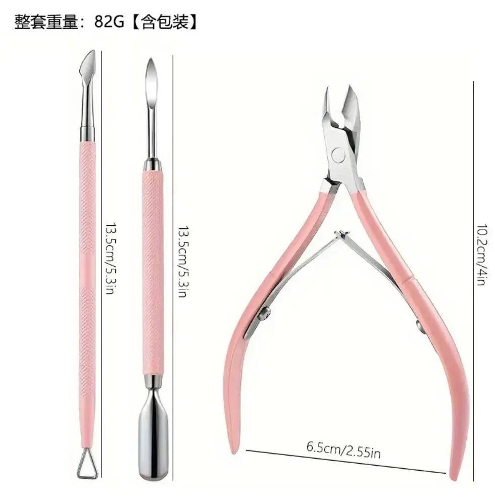 Conjunto de cortador de unhas rosa 3 tamanhos, aparador de cutícula profissional com empurrador de cutícula, ferramentas para unhas, kits de raspador de reparo de unhas de alta qualidade