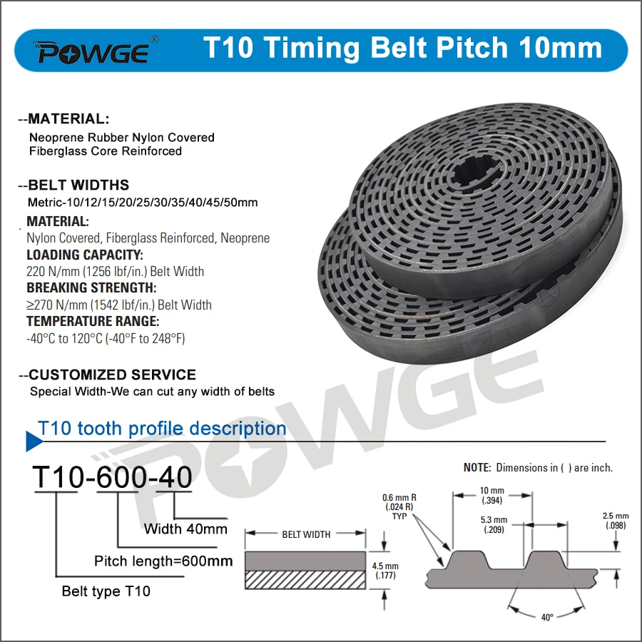 POWGE Trapezoidal PU T10 Open Timing belt width 10/15/20/25/30/32/40/50mm Polyurethane steel Rubber fiberglass core T10 pulley