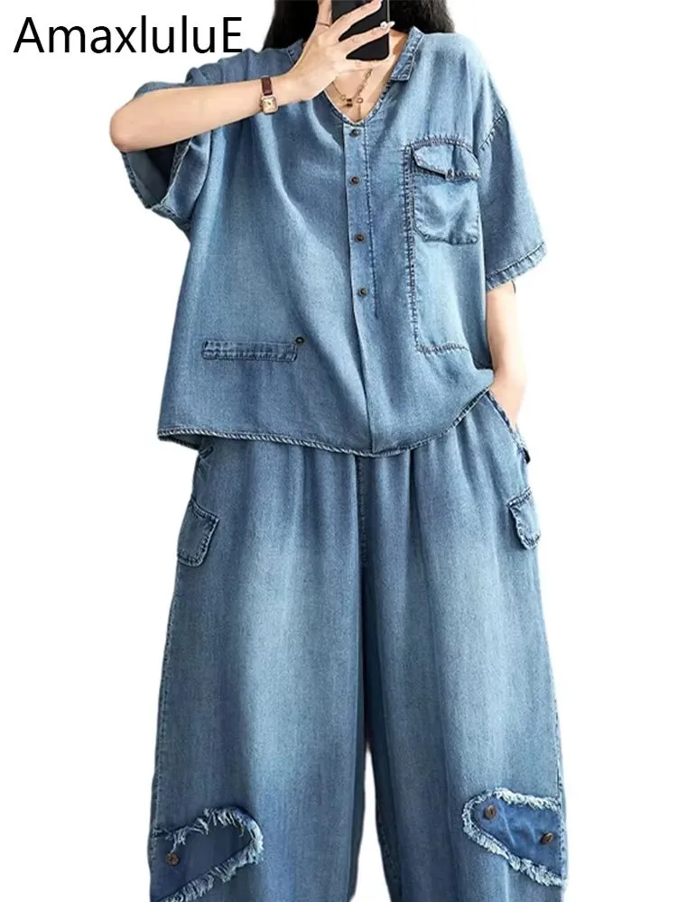 

Amax LuluE Japanese Summer Women Elegant Soild 2 Pieces Sets Oversized T-Shirts Fashion Jeans Vintage Pants Classic Denim Outfit