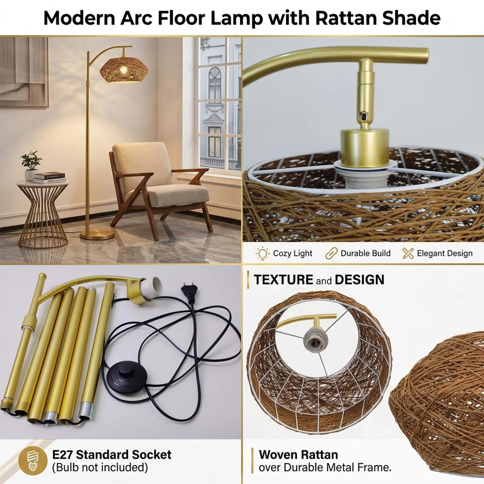 Floor Lamp, Brown Diamond Woven Rattan Shade, Gold Pole, Boho Bedroom Reading Corner