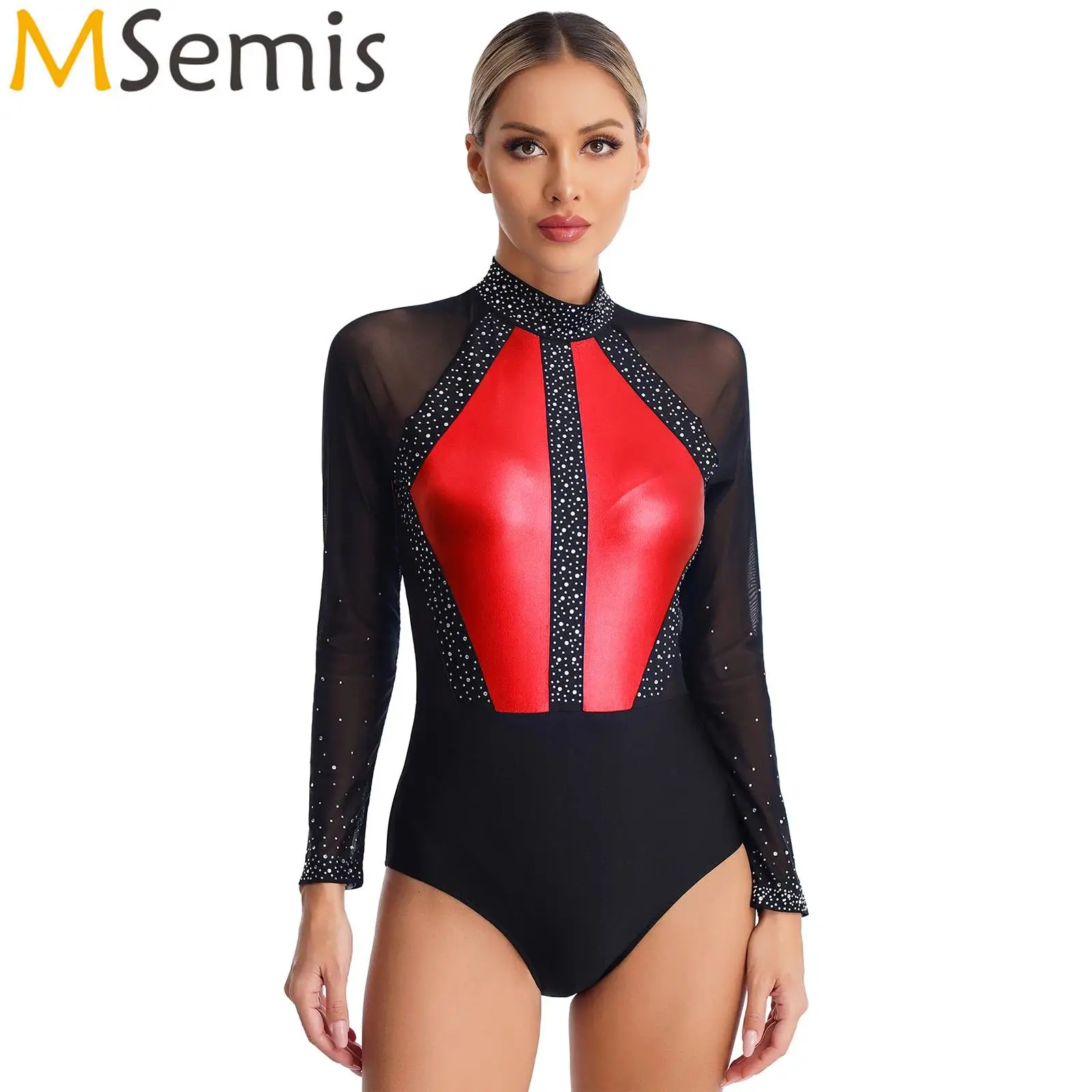 

Womens Sparkling Rhinestones Ballet Leotards Gymnastics Figure Skating Costume Keyhole Back Sheer Mesh Long Sleeve Bodysuit