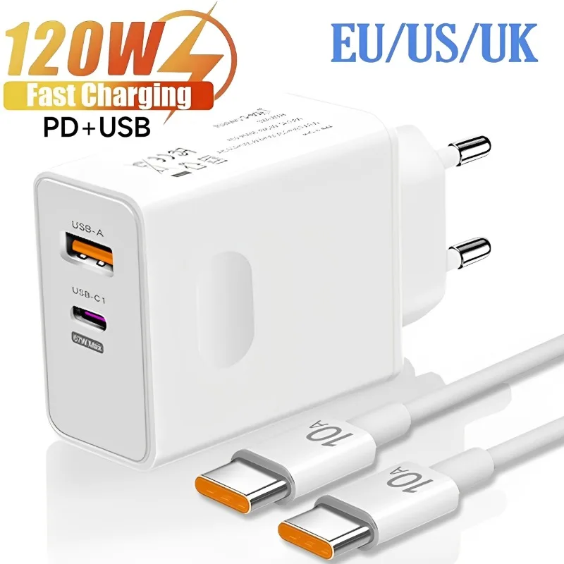 120W USB Type C PD Super Fast Charger 10A Cable Gan Fast Charging Quick Power Adapter for iPhone 16 15 Pro Xiaomi Samsung Huawei