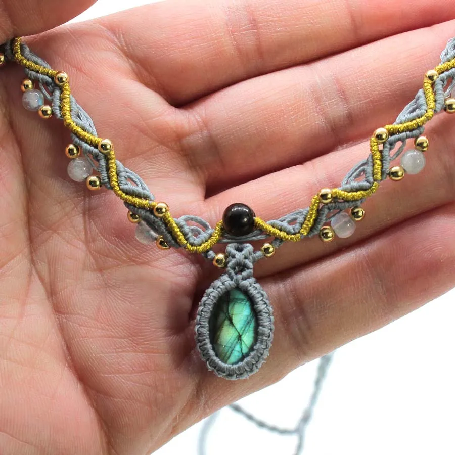 

Braided Macrame Labradorite Crystal Stone Pendant Necklace For Women Natural Spectrolite Rope Wrap Weave Chain Necklace Jewelry