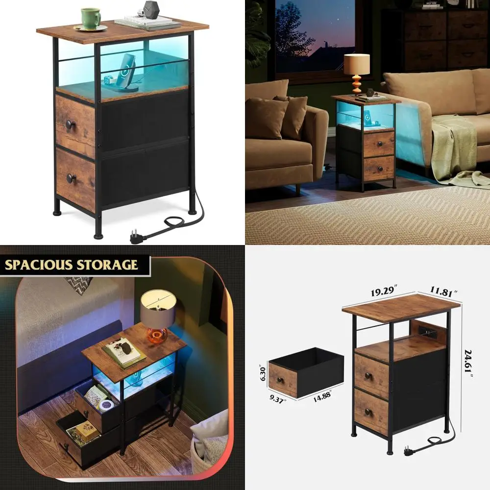 

Modern Charging Station Side Table with LED Lights, Fabric Drawers, and Open Shelf for Living Room Bedside Use