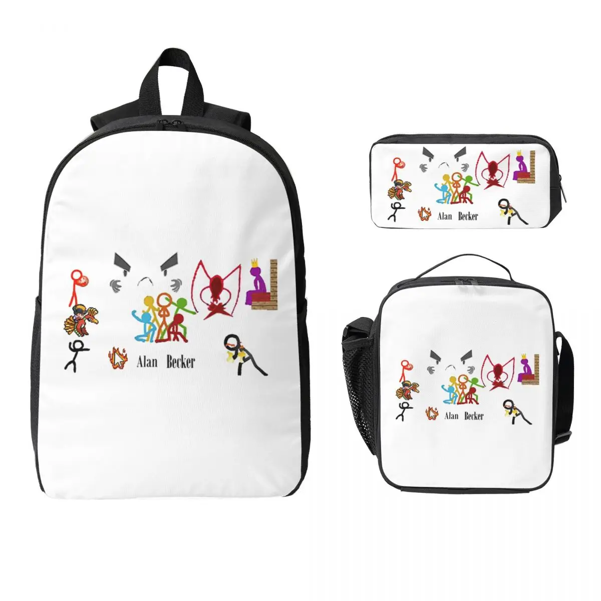 Alan Becker Five Stick Figures With Fire Mouse Pickaxe Backpack BookBag School Bag Shoulder 3ps Insulated Lunch Bag Pencil Case