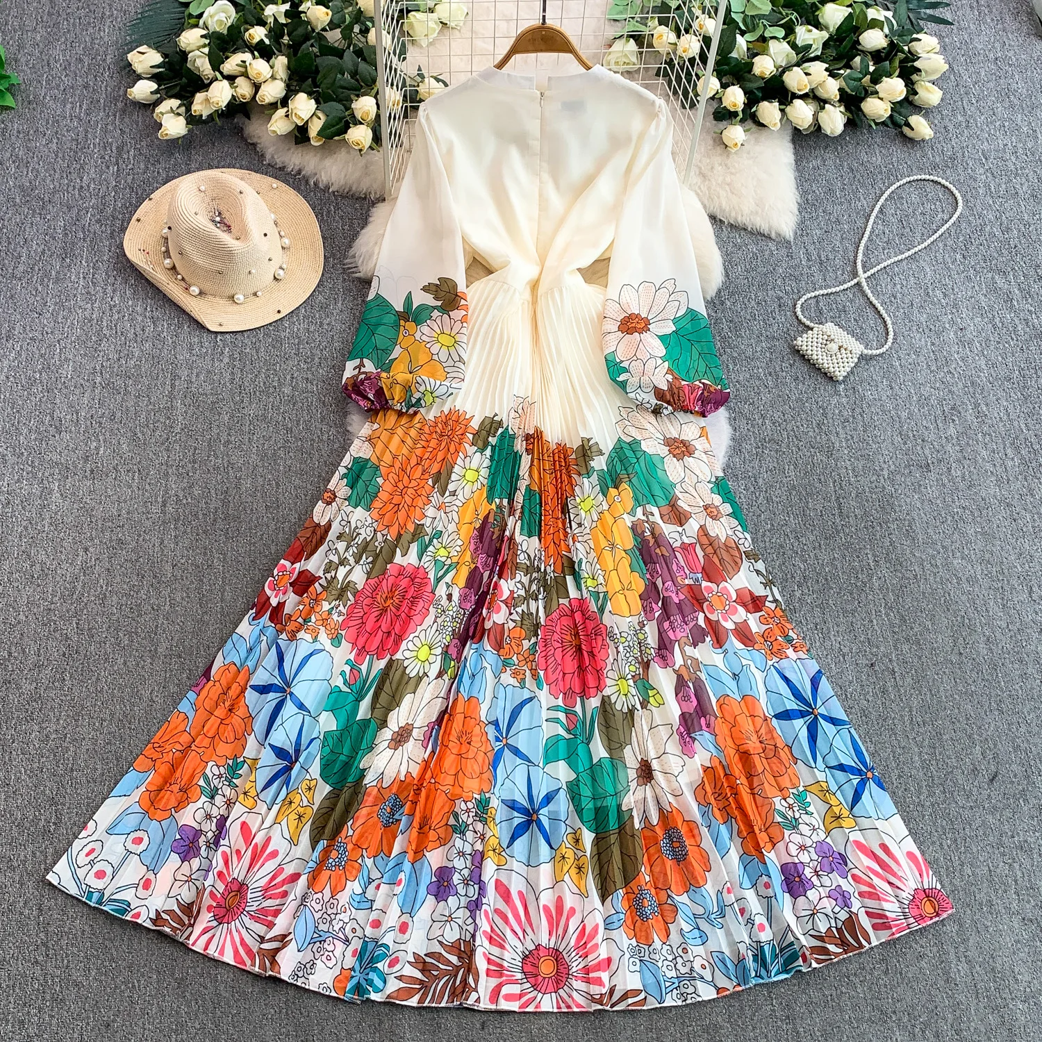 Französisch Vintage Elegante laterne hülse Geraffte A-line Kleid Mode Herbst Vestidos Frauen Kleider