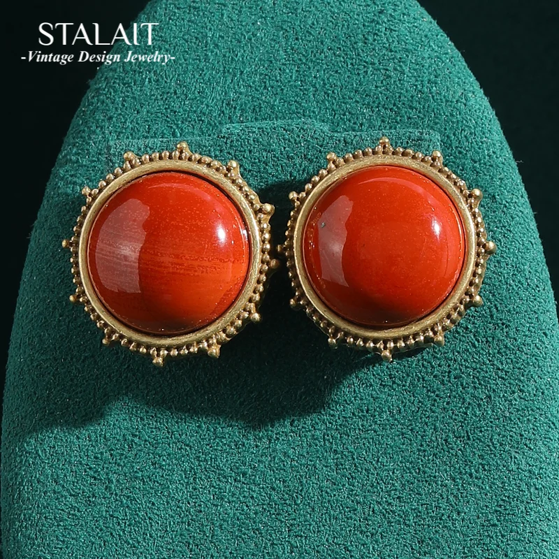 

Vintage Coral Red Stud Earrings Natural Stone Round Woman Antique Jewelry Accessories Gold Color Korean Fashion New Christmas