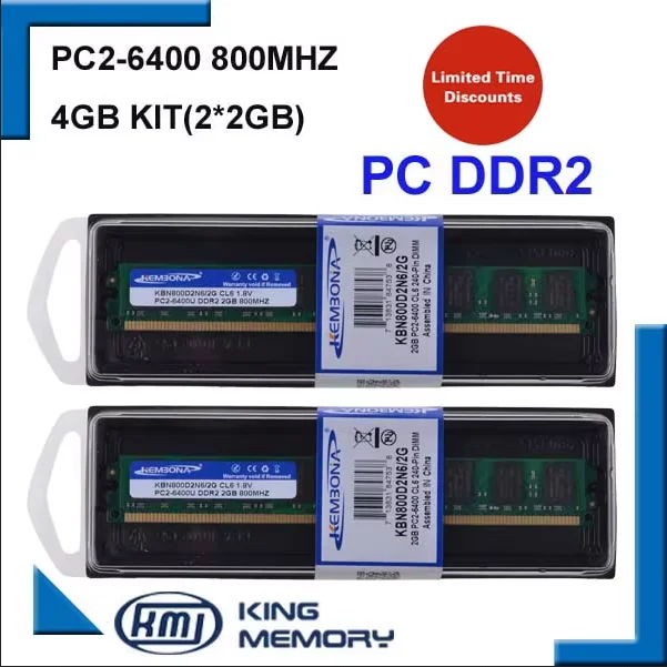 KEMBONA 4GB 2x2GB PC2-6400 DDR2 800Mhz 4g 240pin DDR2 Desktop Memory Desktop Module RAM