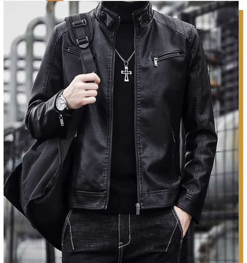 

Spring and autumn men's trendy standing collar ruffian and handsome motorcycle leather jacket