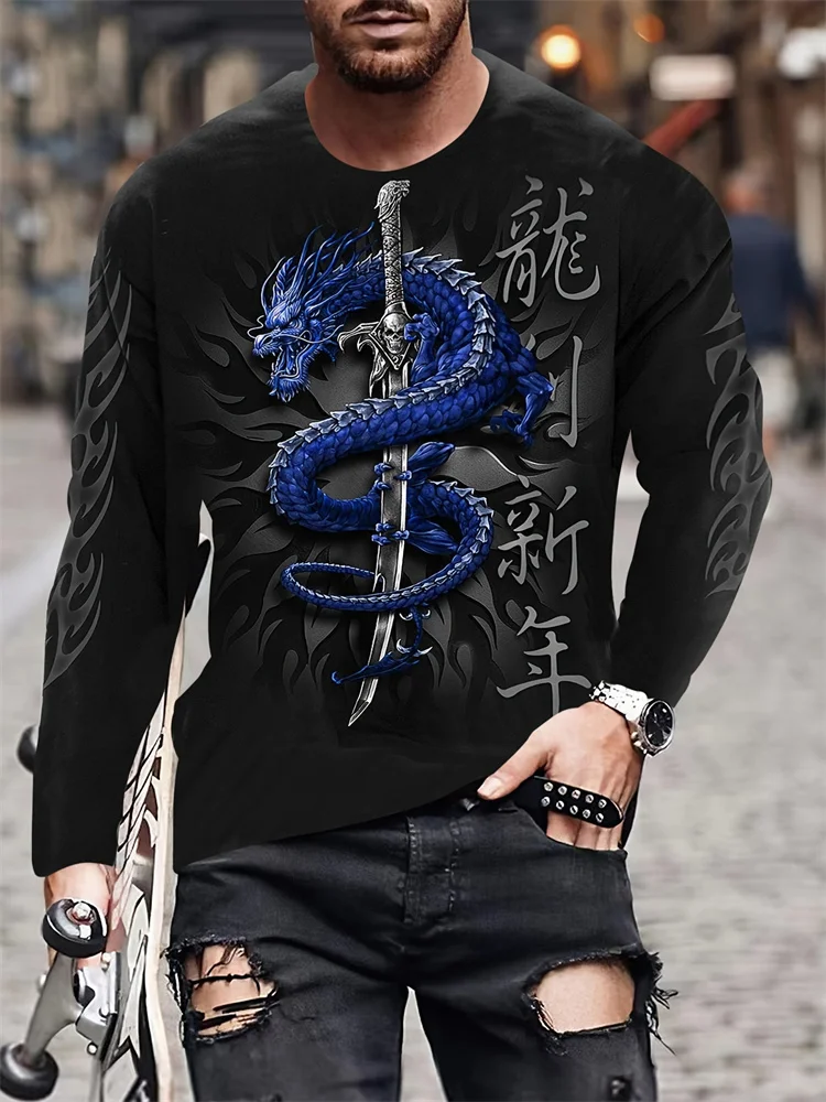 Oriental Dragon Printed Men's Long Sleeve T-shirt Autumn Daily Street Men's Fashion Long Sleeve T-shirt Casual Long Sleeve Top