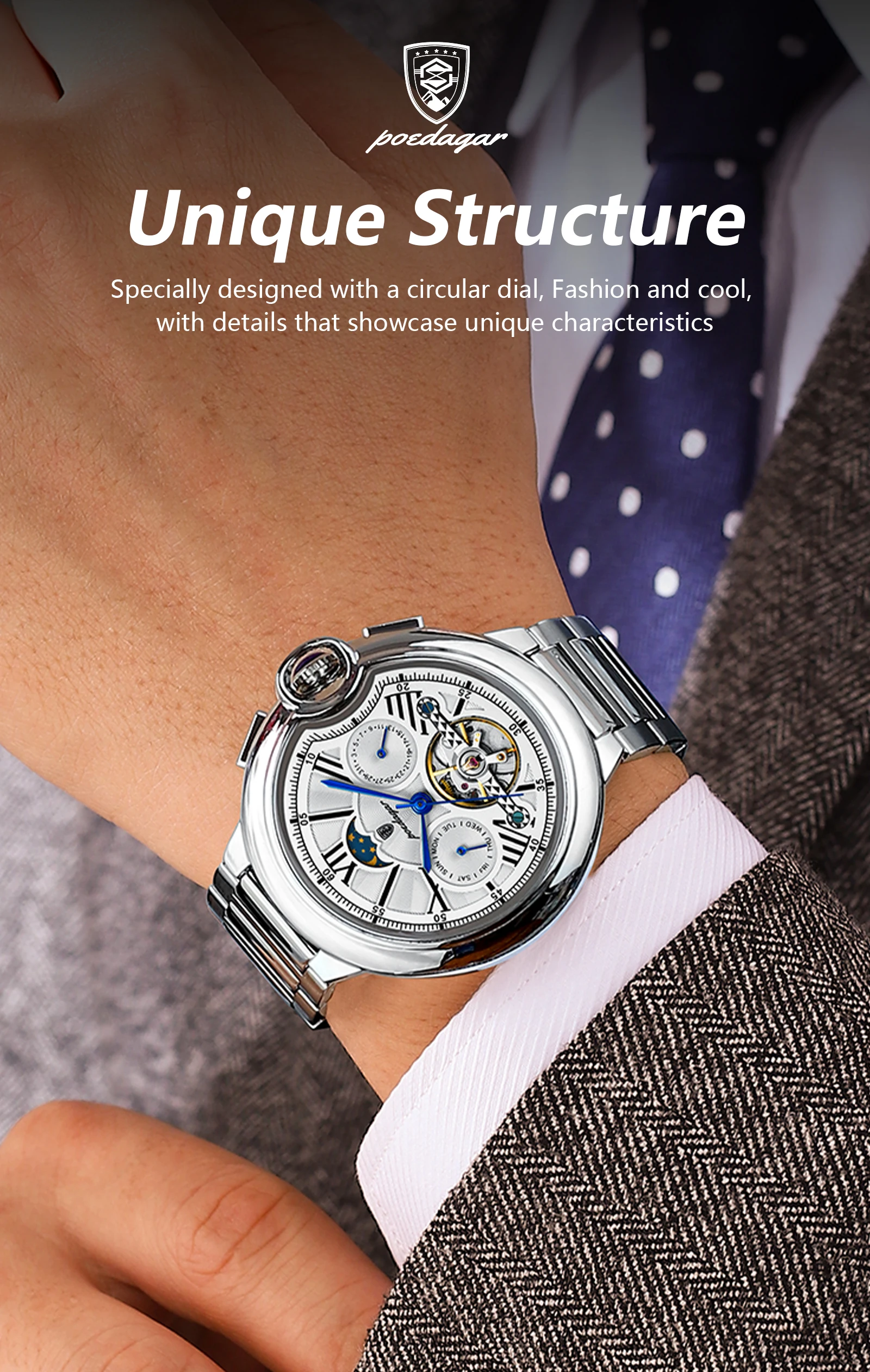 POEDAGAR Luxus Business Männliche Uhr Datum Woche Edelstahl Tourbillon Männer Uhr Wasserdichte Automatische Mechanische herren Uhren – Detail 12